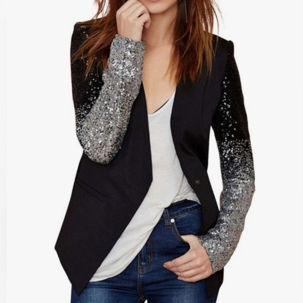 Hancy Black Bkazer With Silver Sequined Sleeves Women's Blazer 2XL NWT